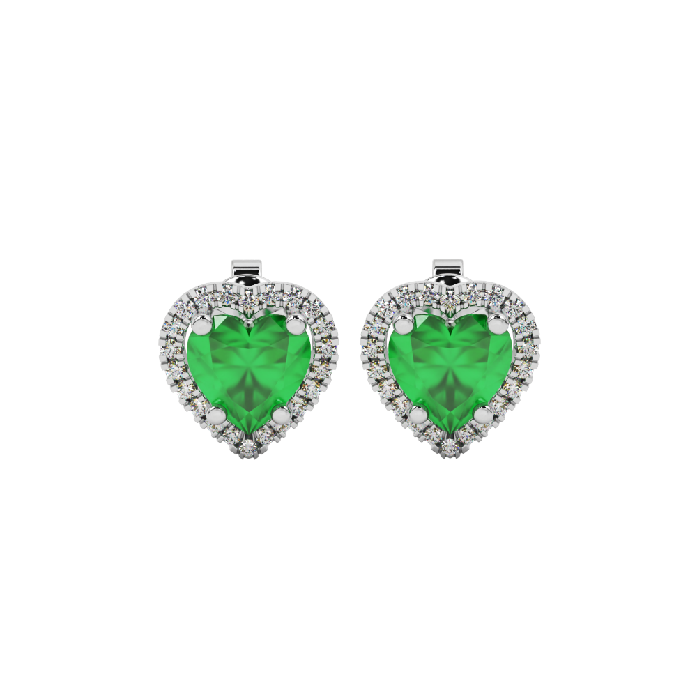 Emerald Green heart cut gemstone halo stud earrings in yellow gold