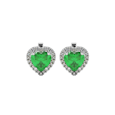 Emerald Green heart cut gemstone halo stud earrings in white gold