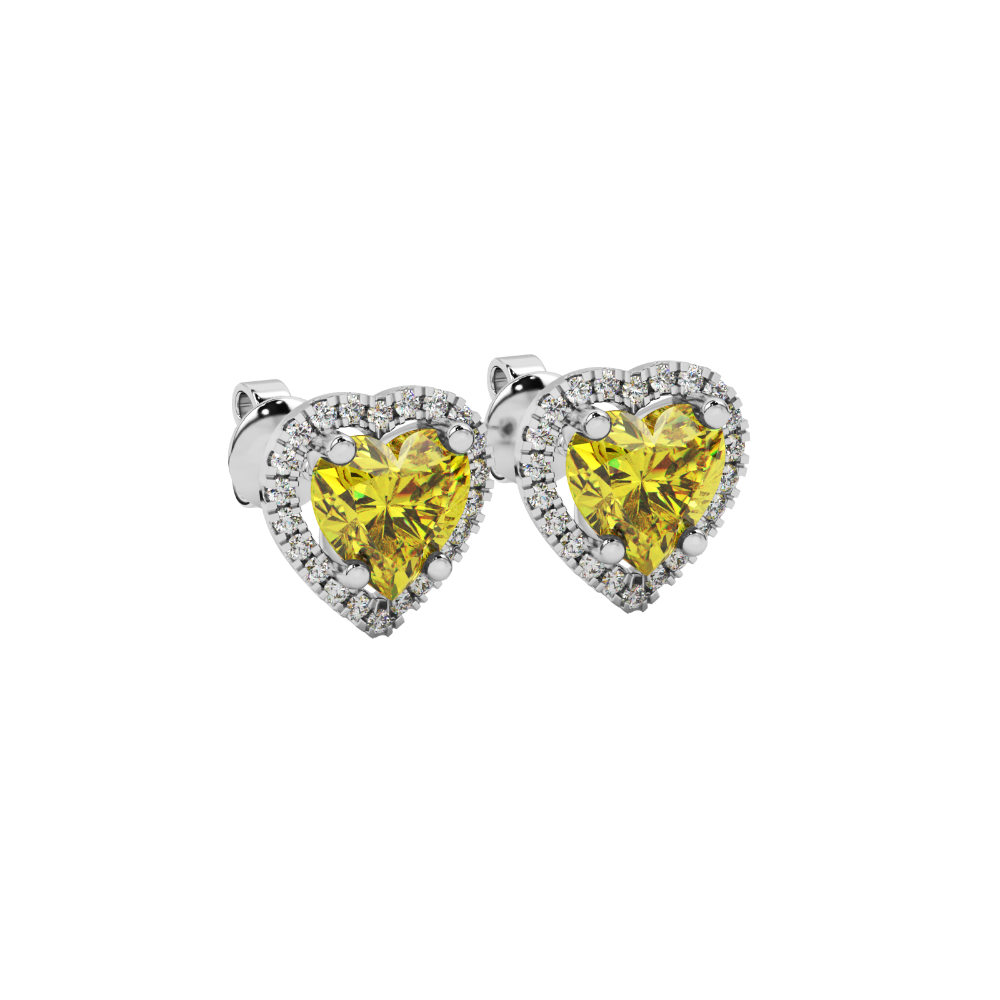 Canary Yellow heart cut gemstone halo stud earrings in yellow gold