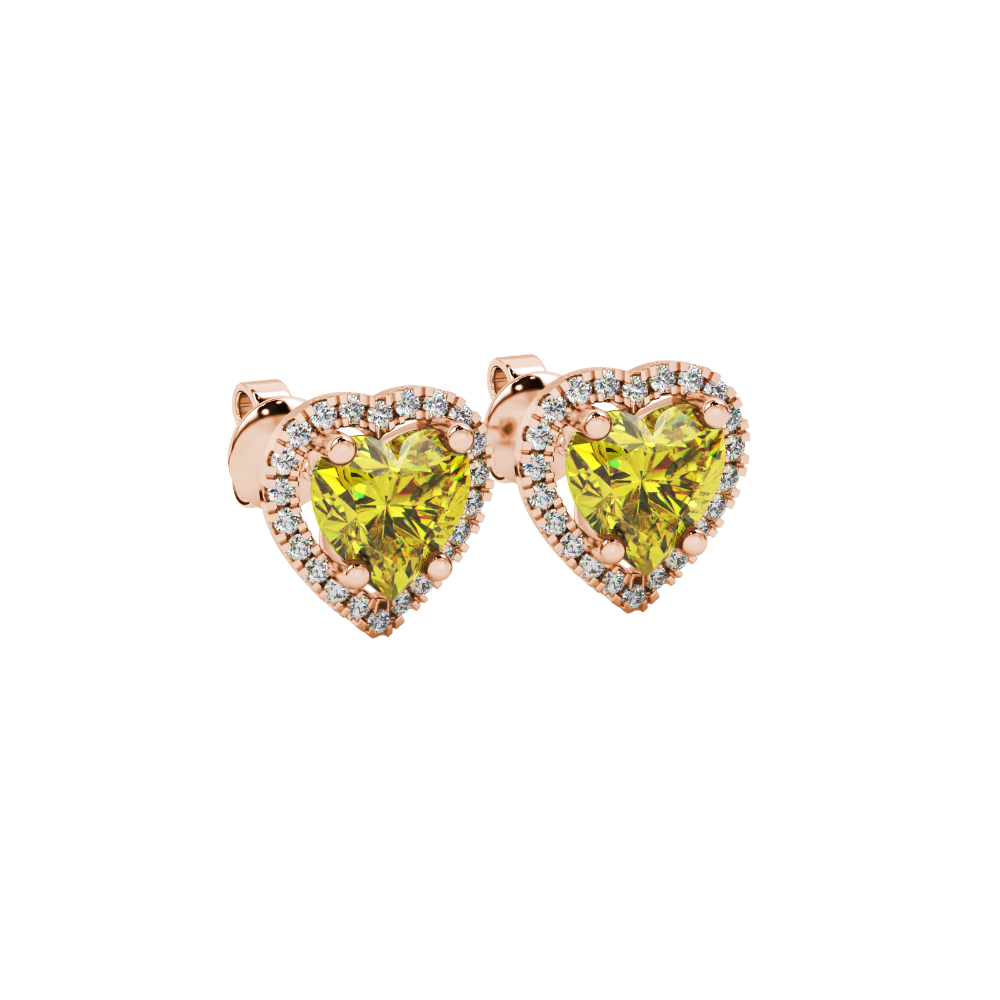 Canary Yellow heart cut gemstone halo stud earrings in yellow gold
