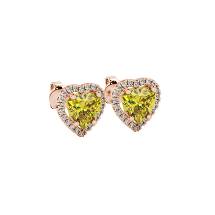 Canary Yellow heart cut gemstone halo stud earrings in yellow gold