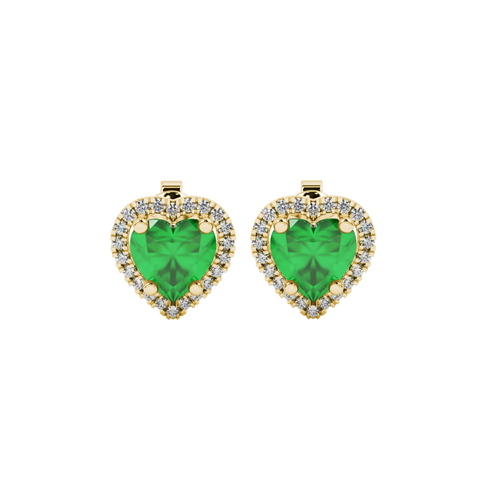 Emerald Green heart cut gemstone halo stud earrings in yellow gold