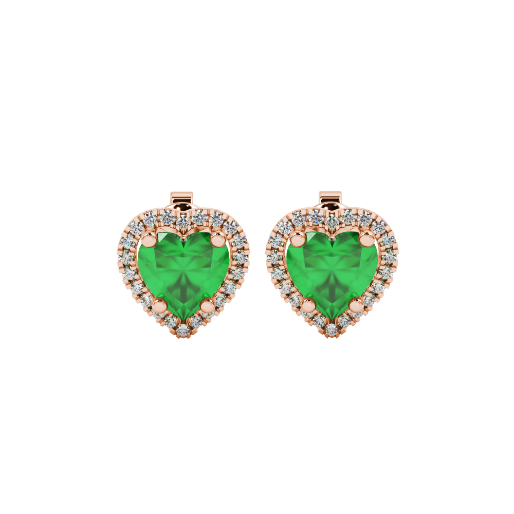 Emerald Green heart cut gemstone halo stud earrings in yellow gold