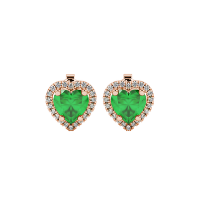 Emerald Green heart cut gemstone halo stud earrings in yellow gold