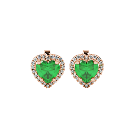Emerald Green heart cut gemstone halo stud earrings in yellow gold