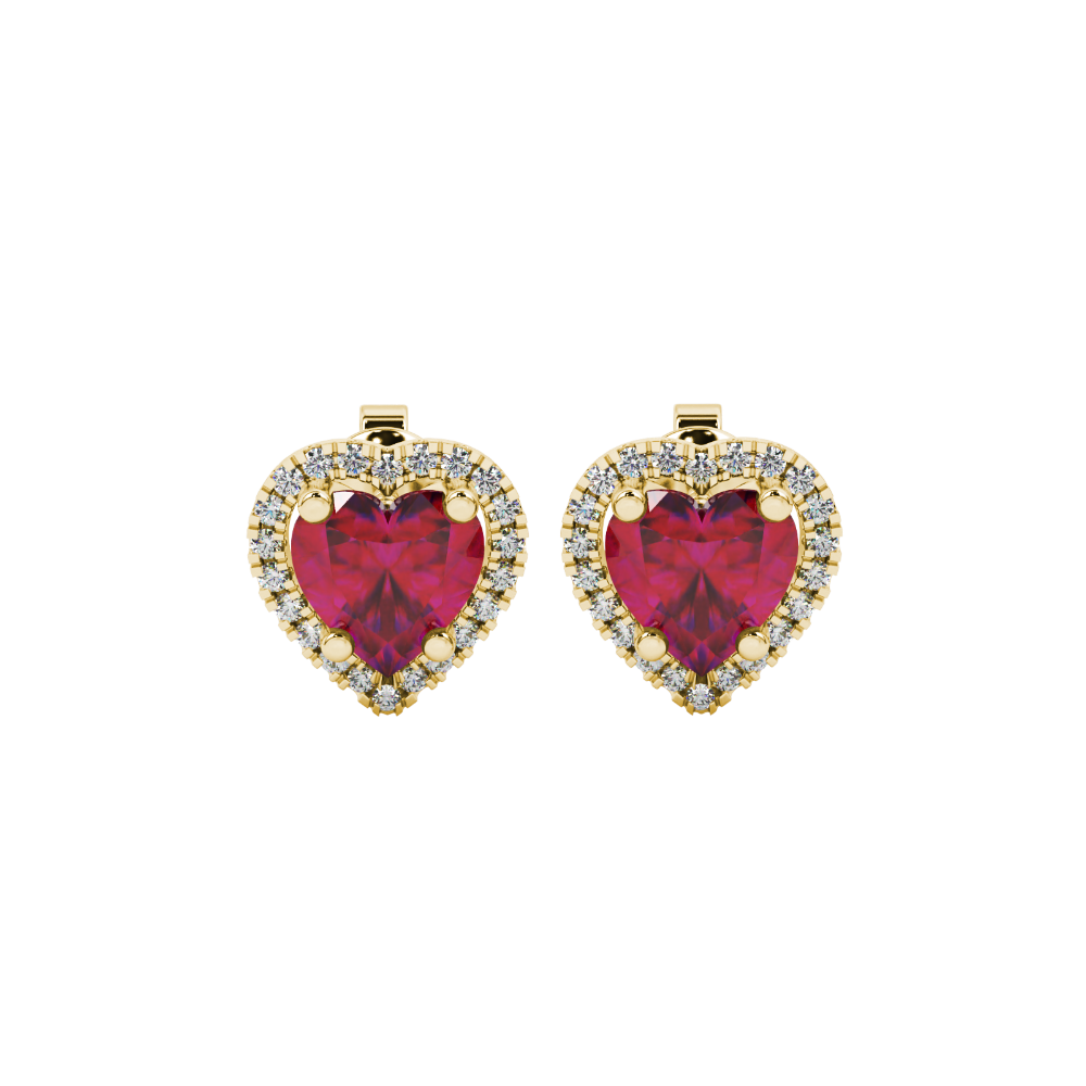 Raspberry Red heart cut gemstone halo stud earrings in yellow gold