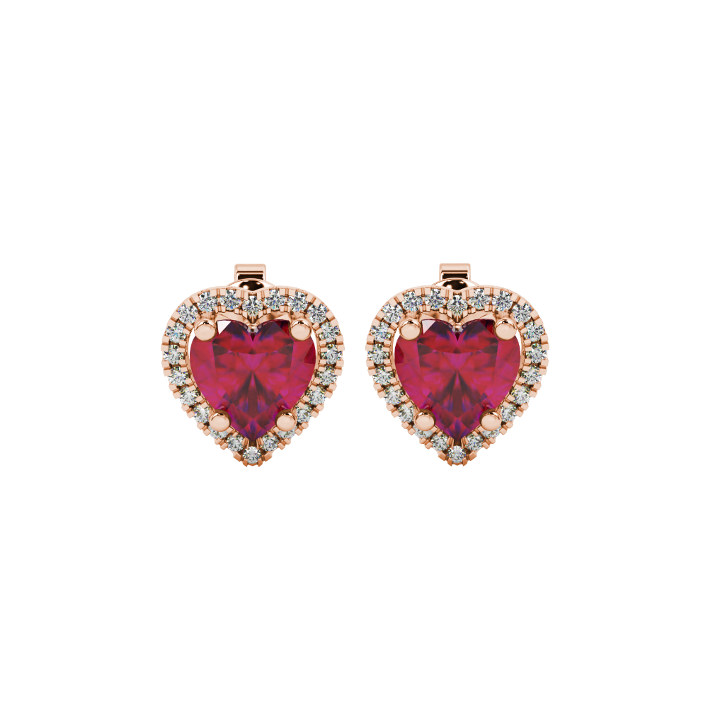 Raspberry Red heart cut gemstone halo stud earrings in yellow gold