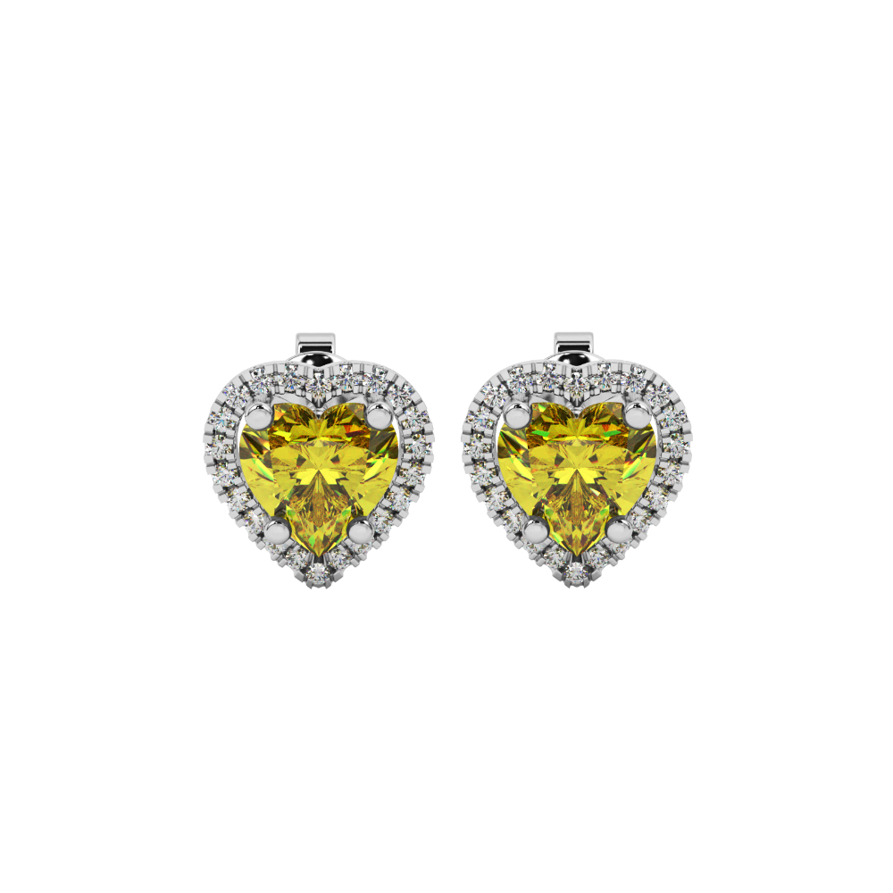 Canary Yellow heart cut gemstone halo stud earrings in yellow gold