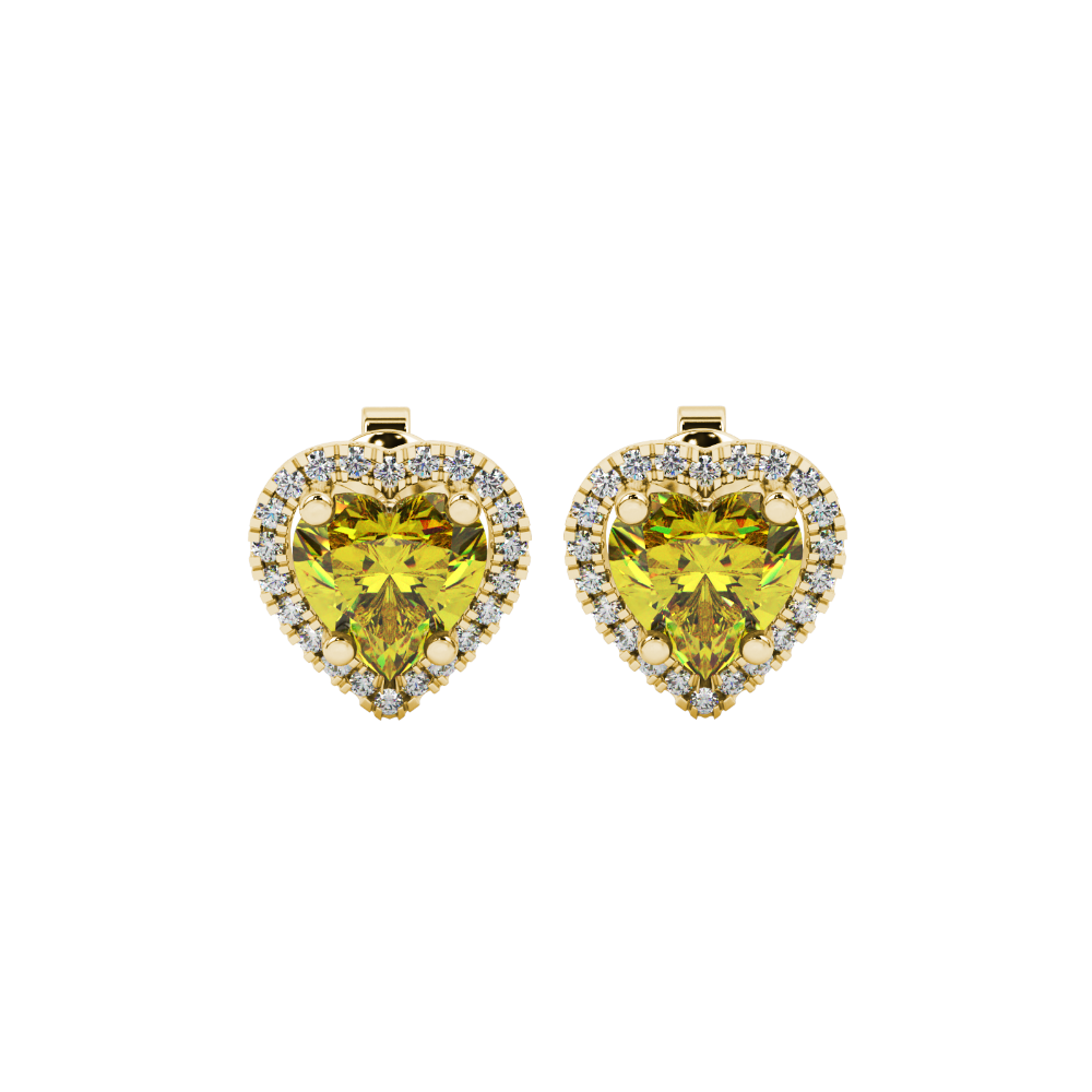 Canary Yellow heart cut gemstone halo stud earrings in yellow gold