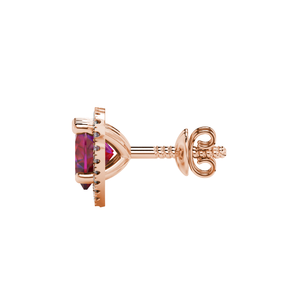 Raspberry Red heart cut gemstone halo stud earrings in yellow gold