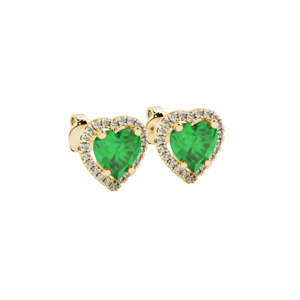 Emerald Green heart cut gemstone halo stud earrings in yellow gold