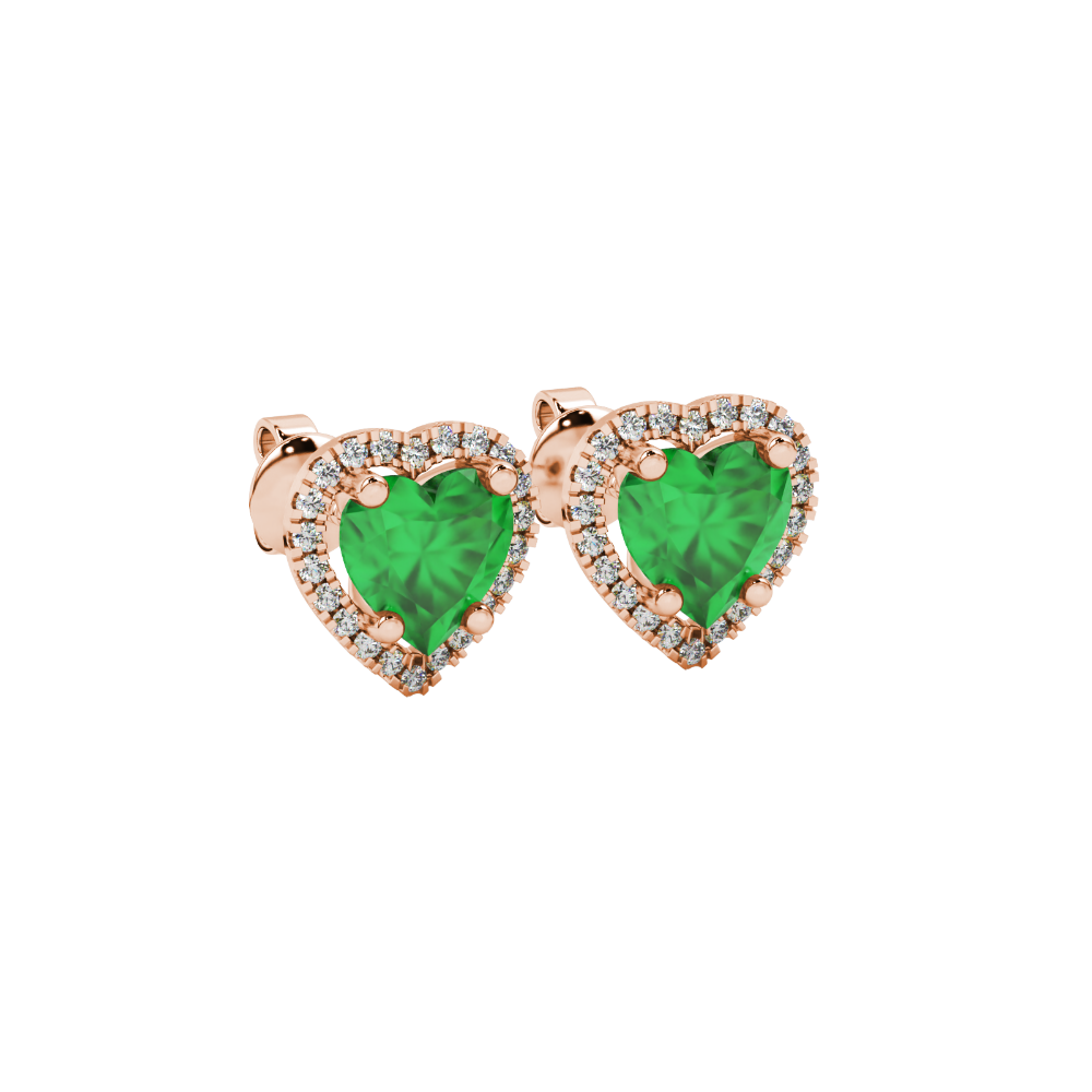 Emerald Green heart cut gemstone halo stud earrings in yellow gold