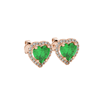 Emerald Green heart cut gemstone halo stud earrings in yellow gold