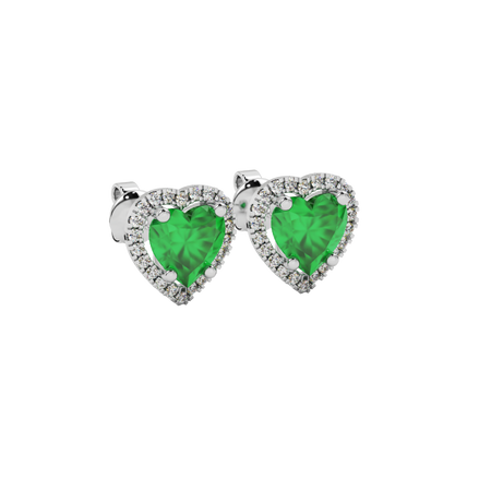 Emerald Green heart cut gemstone halo stud earrings in yellow gold