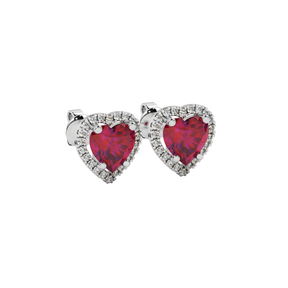 Raspberry Red heart cut gemstone halo stud earrings in yellow gold