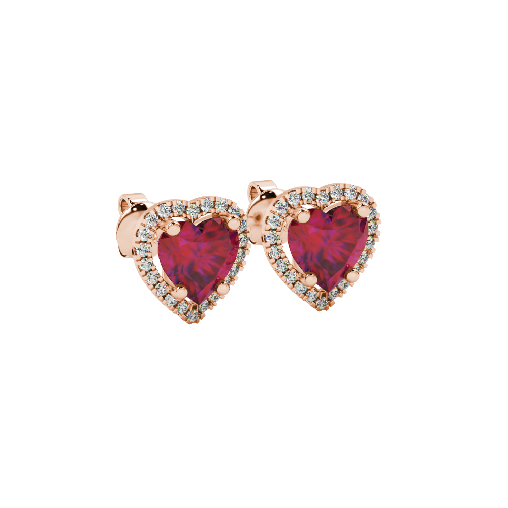 Raspberry Red heart cut gemstone halo stud earrings in yellow gold
