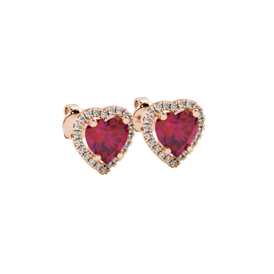 Raspberry Red heart cut gemstone halo stud earrings in yellow gold
