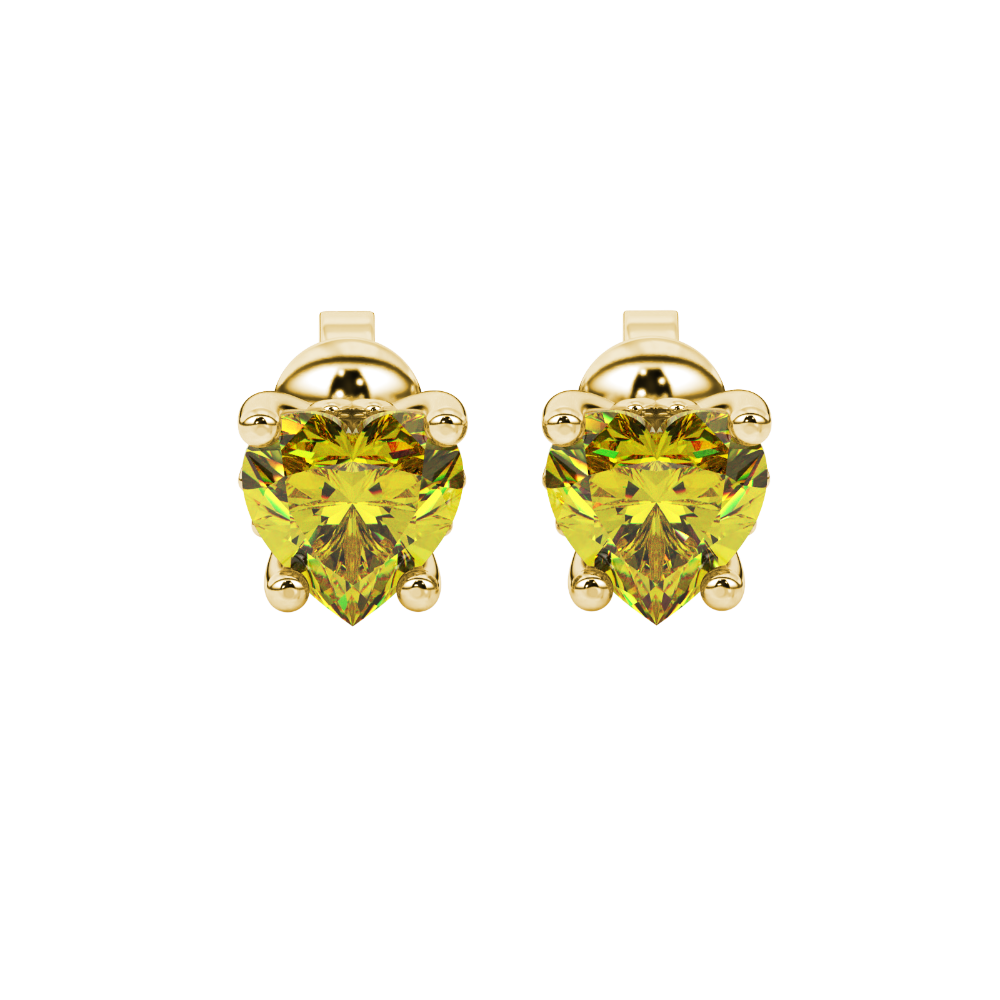 Close-up angled shot of Canary Yellow heart cut lotus basket halo earrings in yellow gold