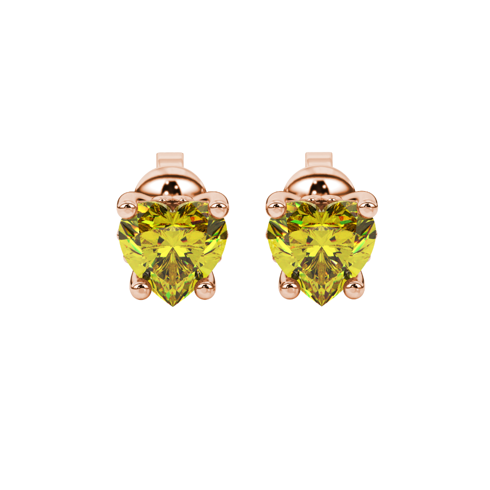 Close-up angled shot of Canary Yellow heart cut lotus basket halo earrings in rose gold