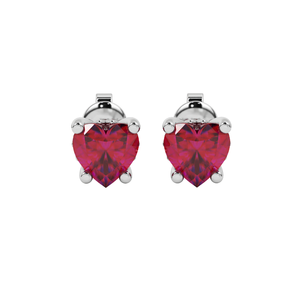 Close-up angled shot of Raspberry Red heart cut lotus basket halo earrings in white gold