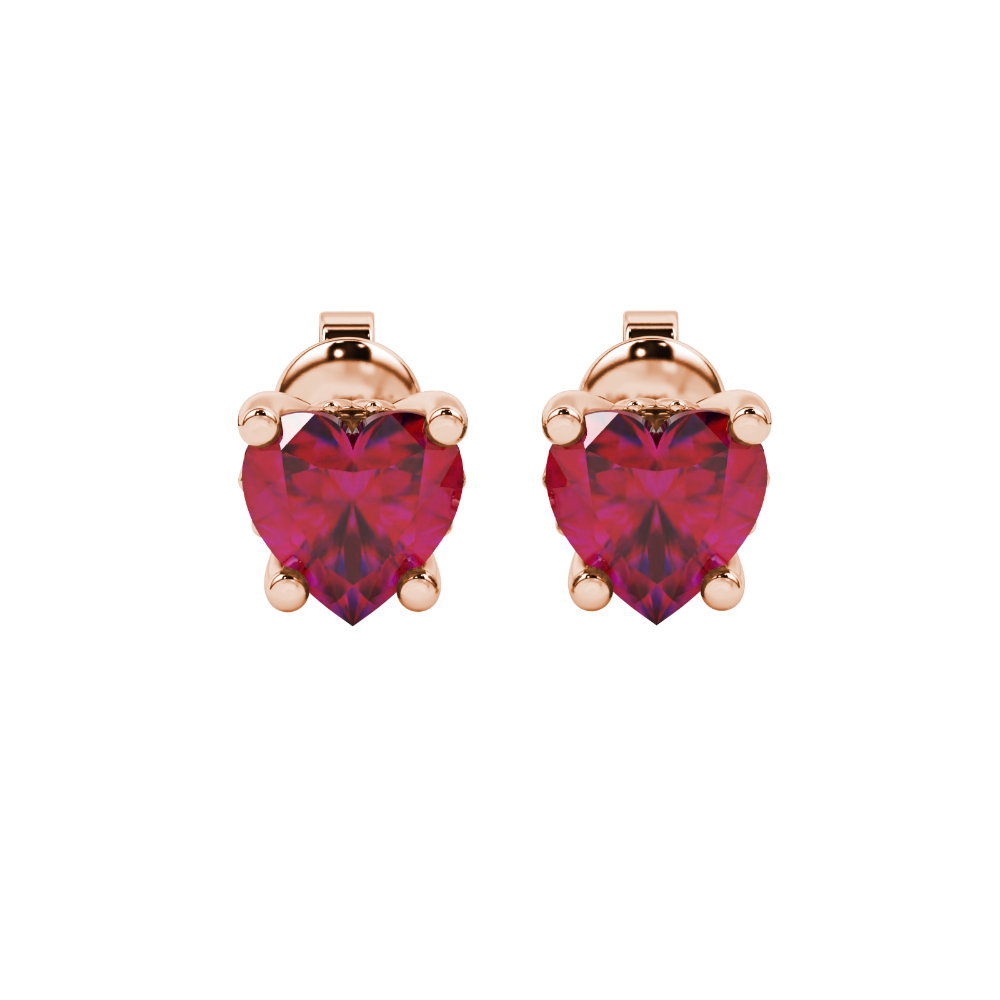 Close-up angled shot of Raspberry Red heart cut lotus basket halo earrings in rose gold