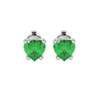 Close-up angled shot of Emerald Green heart cut lotus basket halo earrings in white gold 