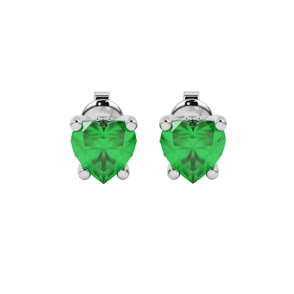 Close-up angled shot of Emerald Green heart cut lotus basket halo earrings in white gold 