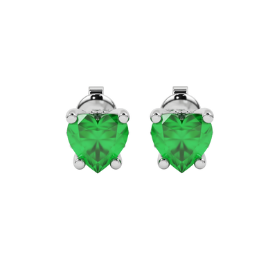 Close-up angled shot of Emerald Green heart cut lotus basket halo earrings in white gold 