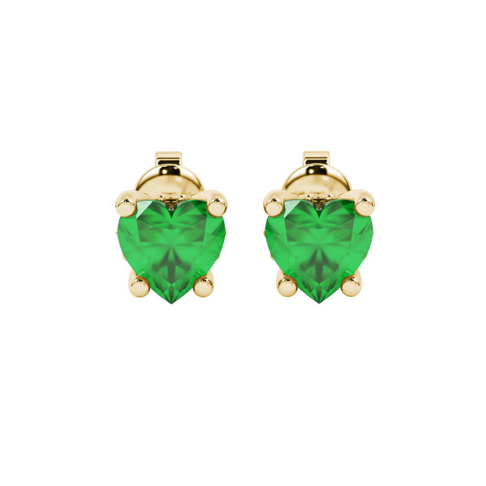 Close-up angled shot of Emerald Green heart cut lotus basket halo earrings in yellow gold