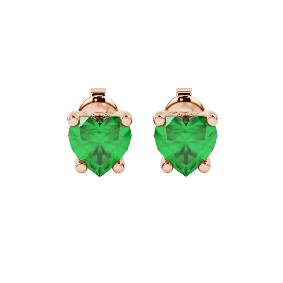 Close-up angled shot of Emerald Green heart cut lotus basket halo earrings in rose gold