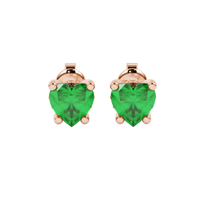 Close-up angled shot of Emerald Green heart cut lotus basket halo earrings in rose gold