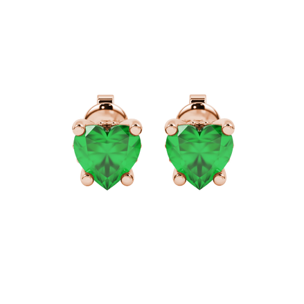 Close-up angled shot of Emerald Green heart cut lotus basket halo earrings in rose gold