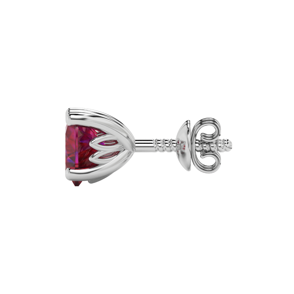 Side view of Raspberry Red heart cut gemstone earrings showcasing the white gold