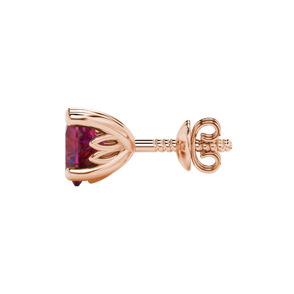 Side view of Raspberry Red heart cut gemstone earrings showcasing the rose gold