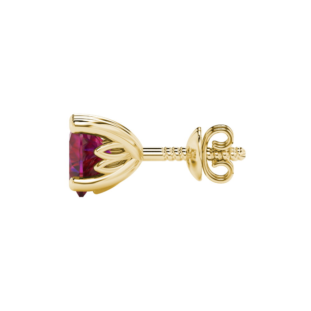 Side view of Raspberry Red heart cut gemstone earrings showcasing the yellow gold
