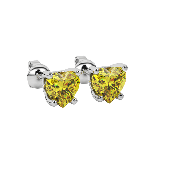 Canary Yellow heart cut gemstone lotus basket halo earrings in white gold