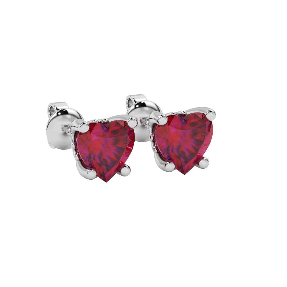 Raspberry Red heart cut gemstone lotus basket halo earrings in white gold