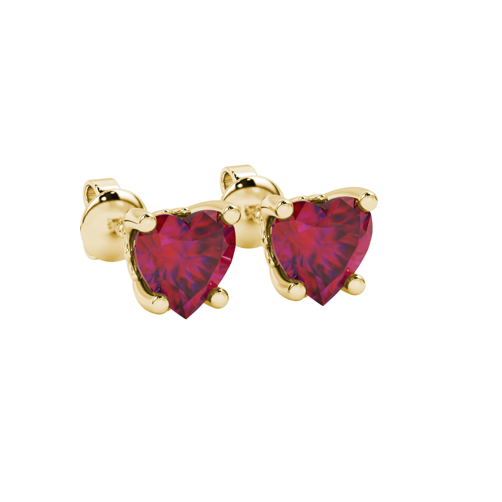 Raspberry Red heart cut gemstone lotus basket halo earrings in yellow gold