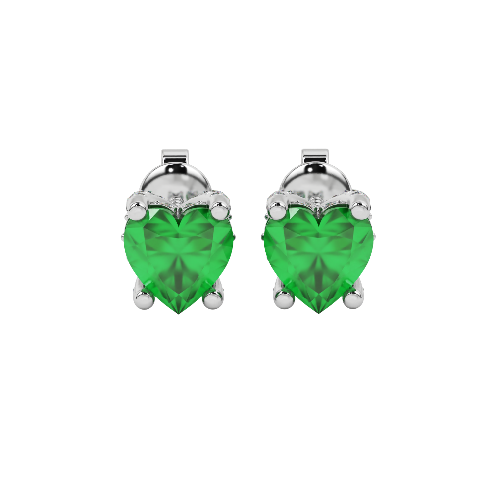 Close-up angled shot of Emerald Green heart cut pave basket halo earrings in white gold