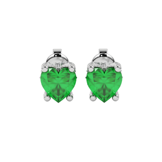 Close-up angled shot of Emerald Green heart cut pave basket halo earrings in white gold