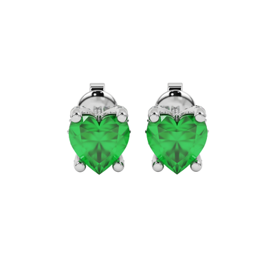 Close-up angled shot of Emerald Green heart cut pave basket halo earrings in white gold