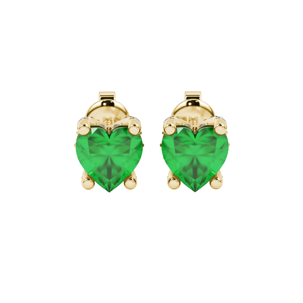 Close-up angled shot of Emerald Green heart cut pave basket halo earrings in yellow gold