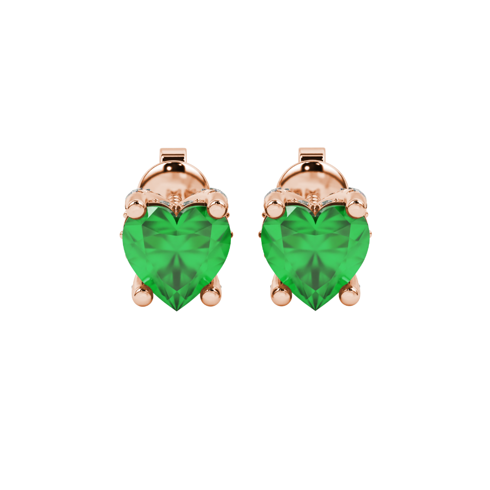 Close-up angled shot of Emerald Green heart cut pave basket halo earrings in rose gold