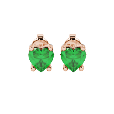 Close-up angled shot of Emerald Green heart cut pave basket halo earrings in rose gold