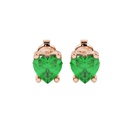 Close-up angled shot of Emerald Green heart cut pave basket halo earrings in rose gold