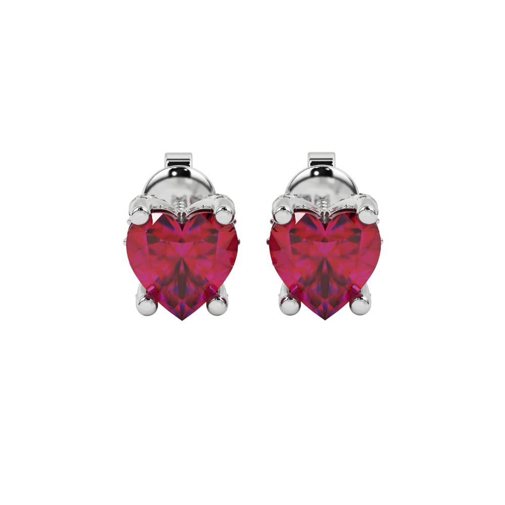 Close-up angled shot of Raspberry Red heart cut pave basket halo earrings in white gold