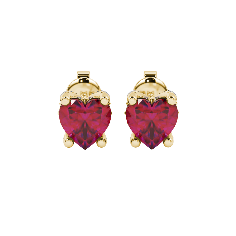 Close-up angled shot of Raspberry Red heart cut pave basket halo earrings in yellow gold