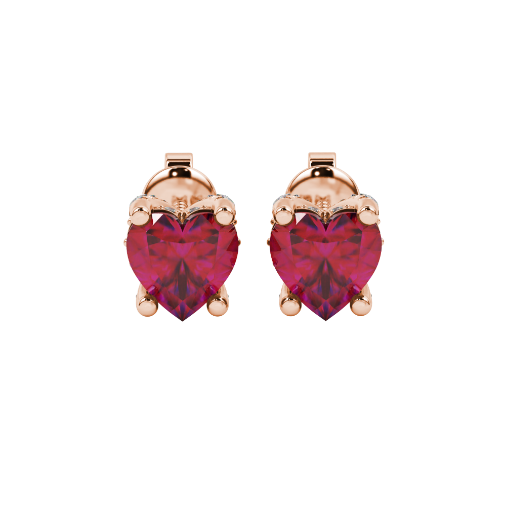 Close-up angled shot of Raspberry Red heart cut pave basket halo earrings in rose gold