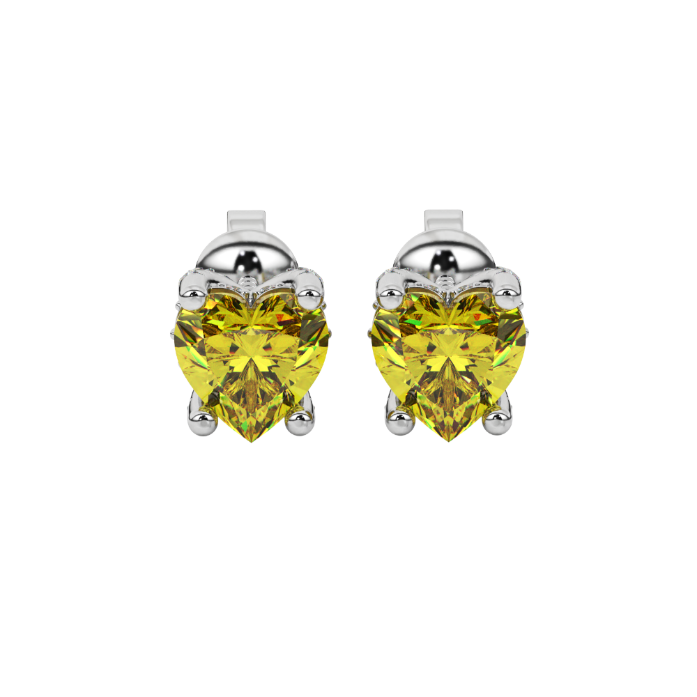 Close-up angled shot of Canary Yellow heart cut pave basket halo earrings in white gold