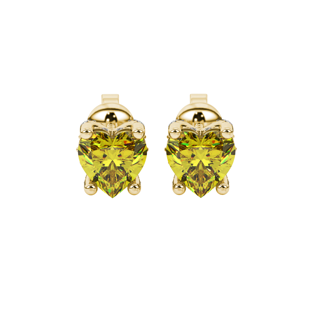 Close-up angled shot of Canary Yellow heart cut pave basket halo earrings in yellow gold